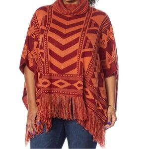 Colleen Lopez NWT Burgundy Orange Oversized Poncho Turtleneck Fringe  XL-1X